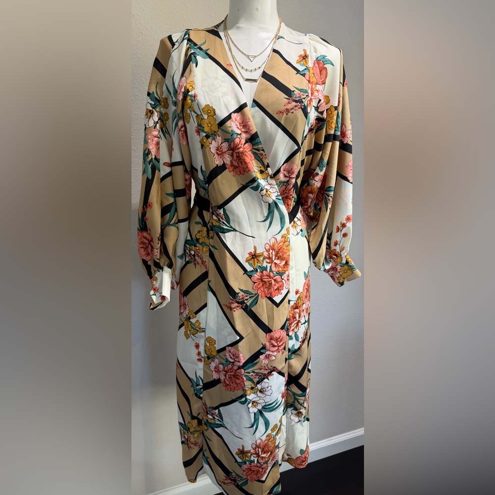 Glamorous Floral Wrap belted  Long Sleeve Dress - Multicolor